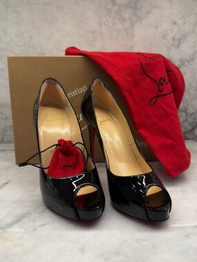 Christian Louboutin Very Privé 120 Black Patent Peep Toe Pumps EU 38